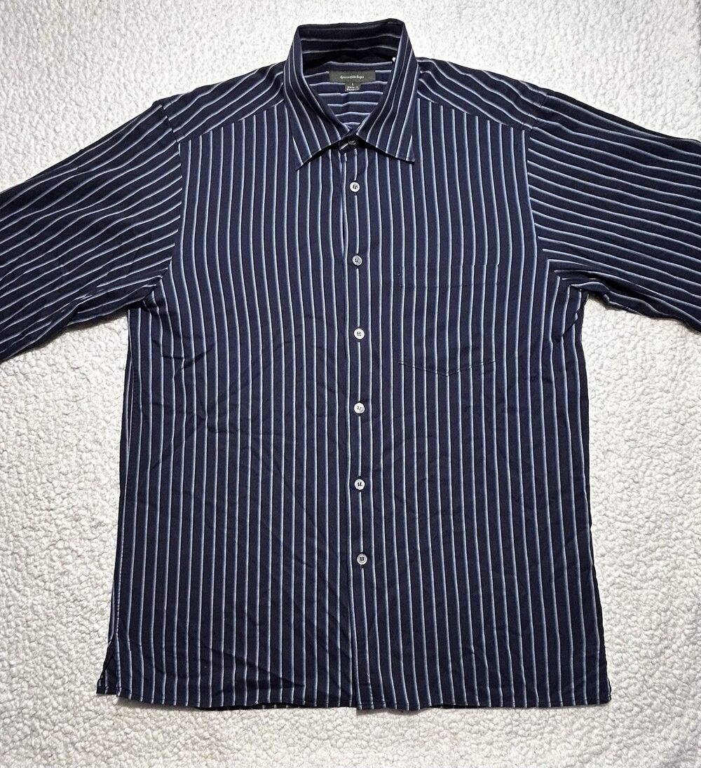 Ermenegildo Zegna Shirt Mens L Navy Blue Stripe Cotton Luxury Dress